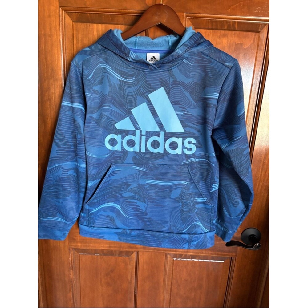adidas Logo Performance Fleece Blue Patterned Hoodie-Boys L (14/16)